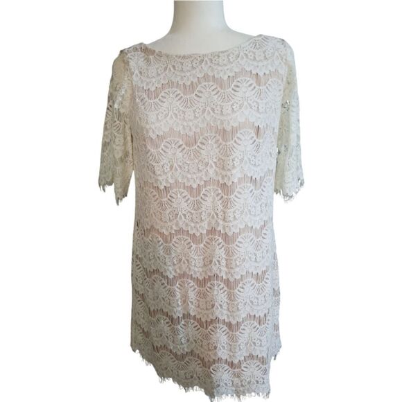 Jessica Howard Sheath Dress Ivory Lace Overlay Size 12 Petite - Picture 1 of 6
